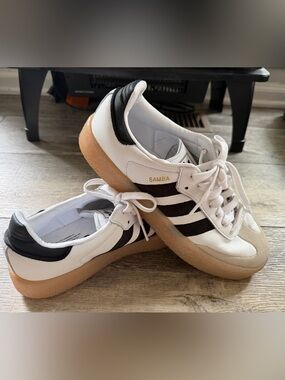 adidas White Sneakers with Black Stripes and Gum Sole